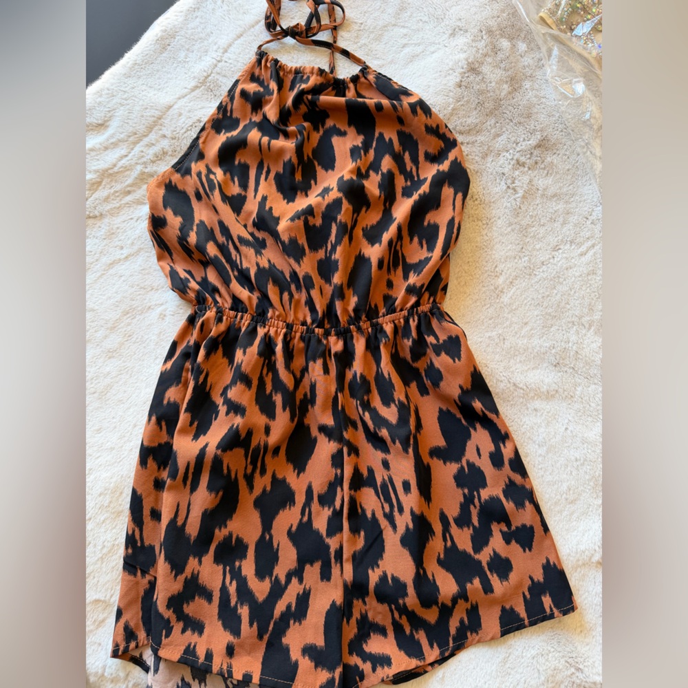 SHEIN Brown and Black Leopard Print Halter Kids One-Piece